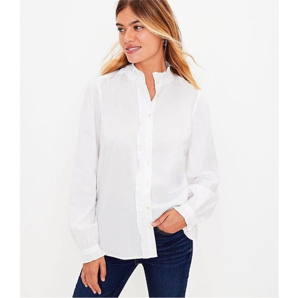 NWT LOFT Ruffle White Cotton Long Sleeve Button Front Blouse Top Size medium